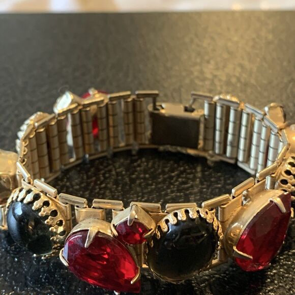 VTG Ruby Red & Smoky Gray Glass Cabochon Link Bracelet Gold Tone Art Deco Style - Picture 5 of 15